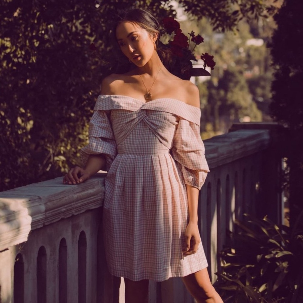 Chriselle x J.O.A. Checkered off-shoulder dress